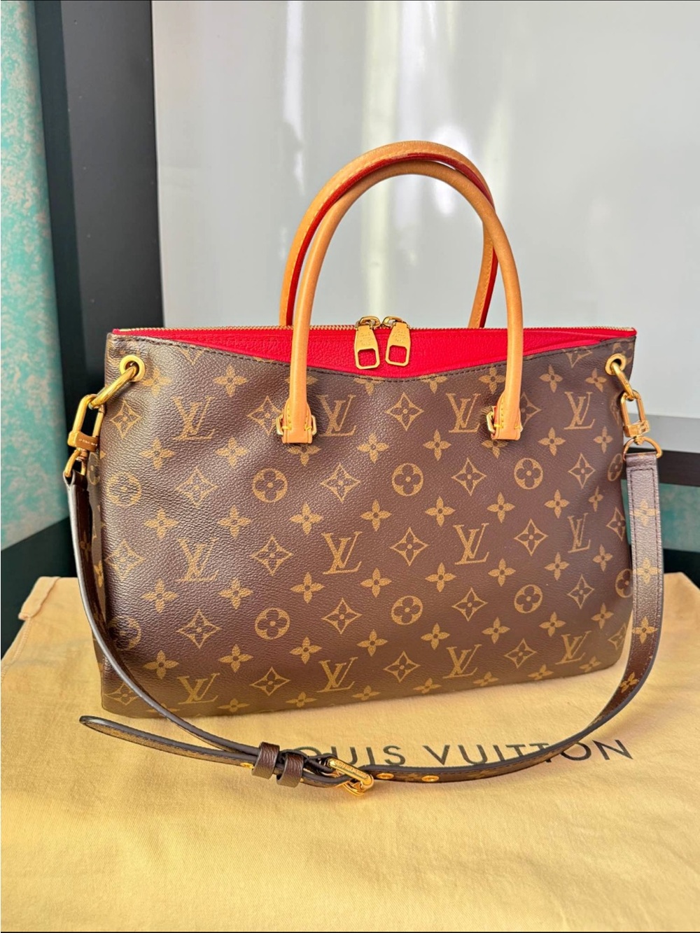 Louis Vuitton Monogram Pallas MM with RED Accent and Tan Handles
